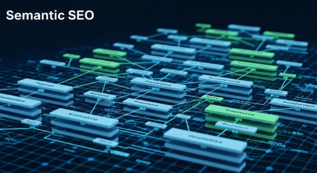 Digital landscape illustrating Semantic SEO with interconnected keywords and entities