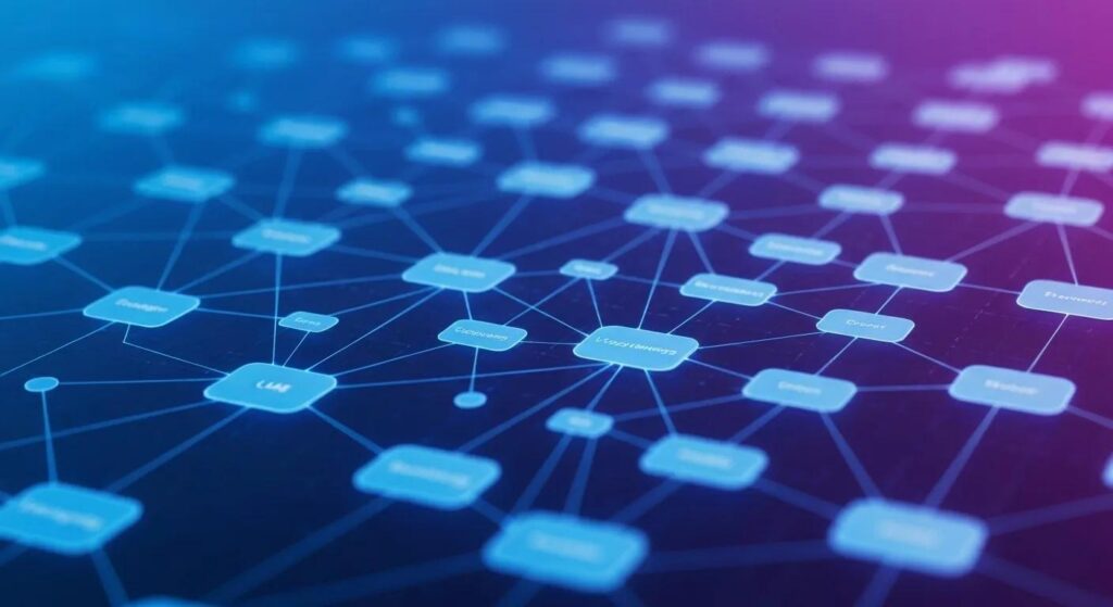 Conceptual representation of Large Language Models influencing AI search rankings with interconnected nodes