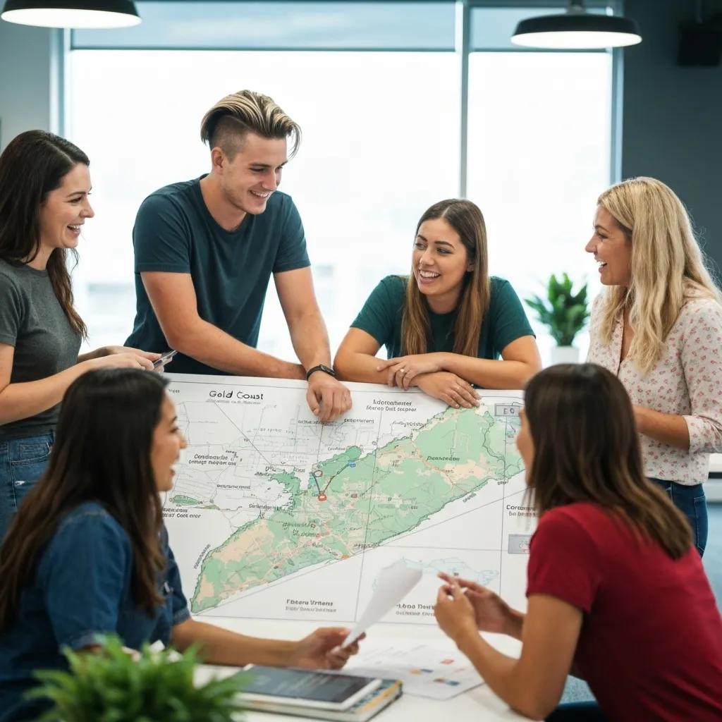 Local web designers collaborating in an office with a Gold Coast map
