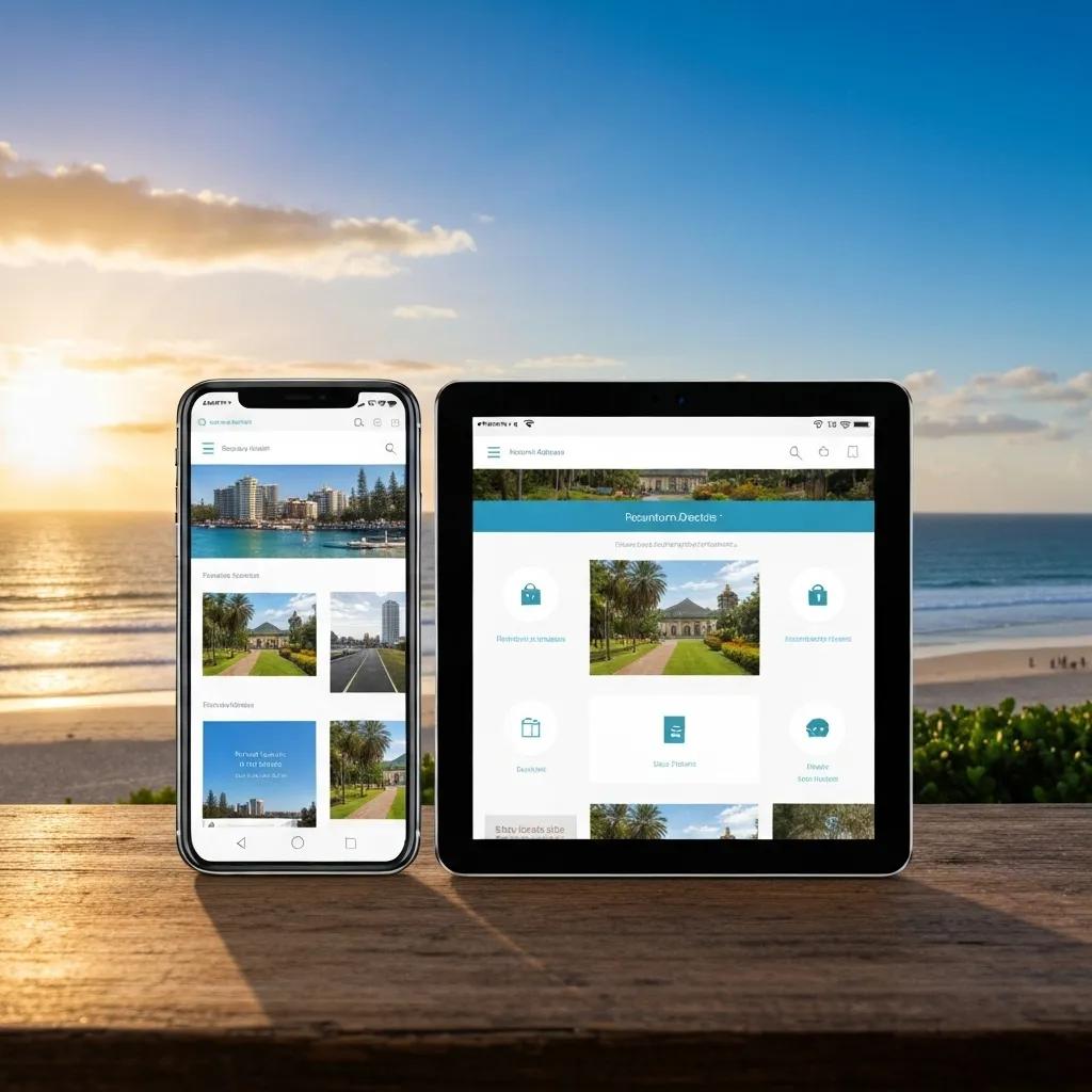 Responsive web design shown on a smartphone and tablet with a Gold Coast backdrop