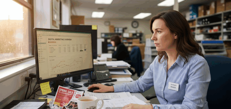 Retail manager reviewing digital marketing dashboard