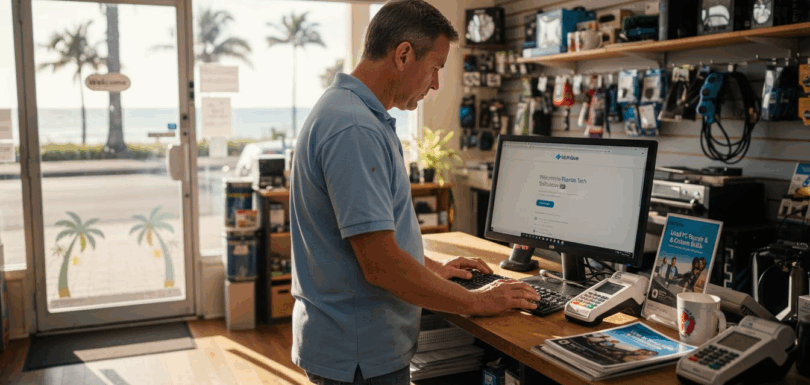 Shop owner updating website in Gold Coast store