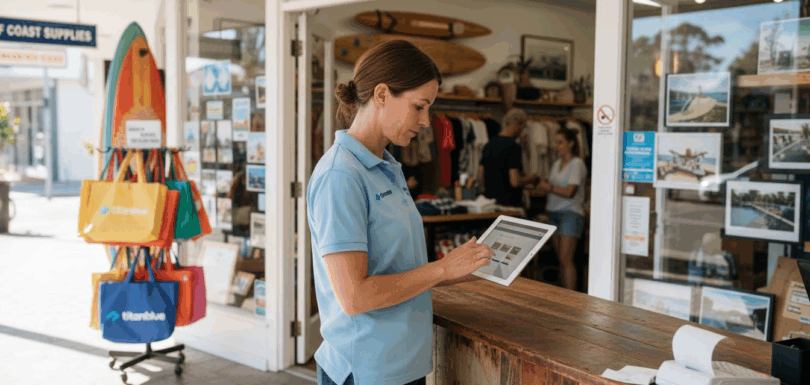 Retail manager viewing website in Gold Coast shop