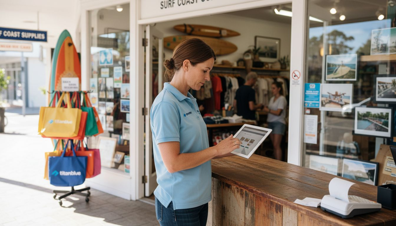 Retail manager viewing website in Gold Coast shop