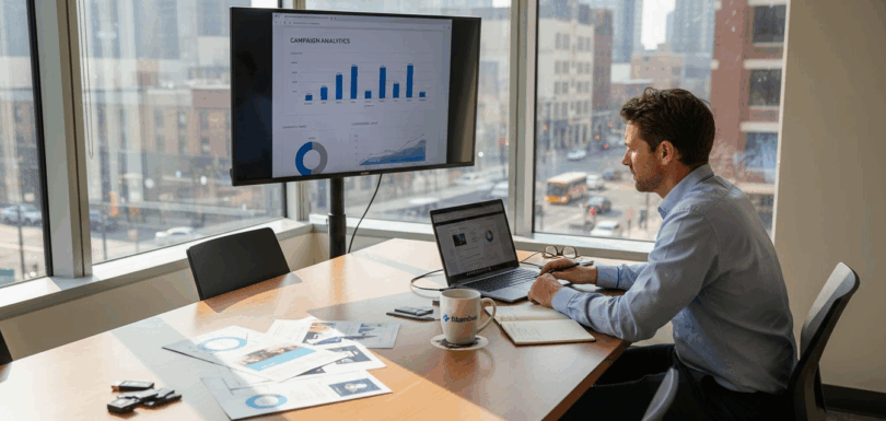 Marketing manager reviewing retail ad performance