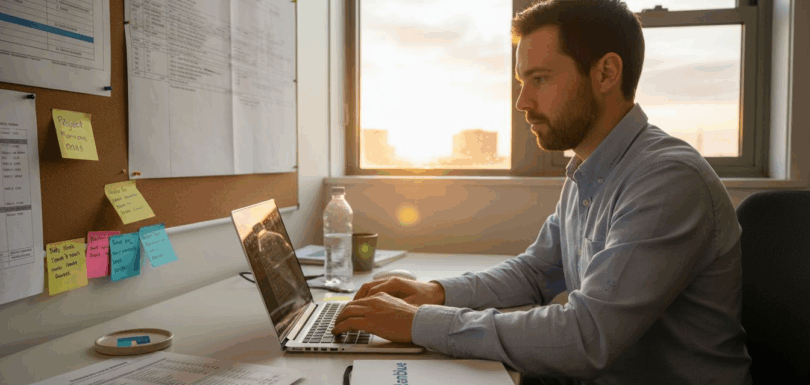 Business owner planning website in office