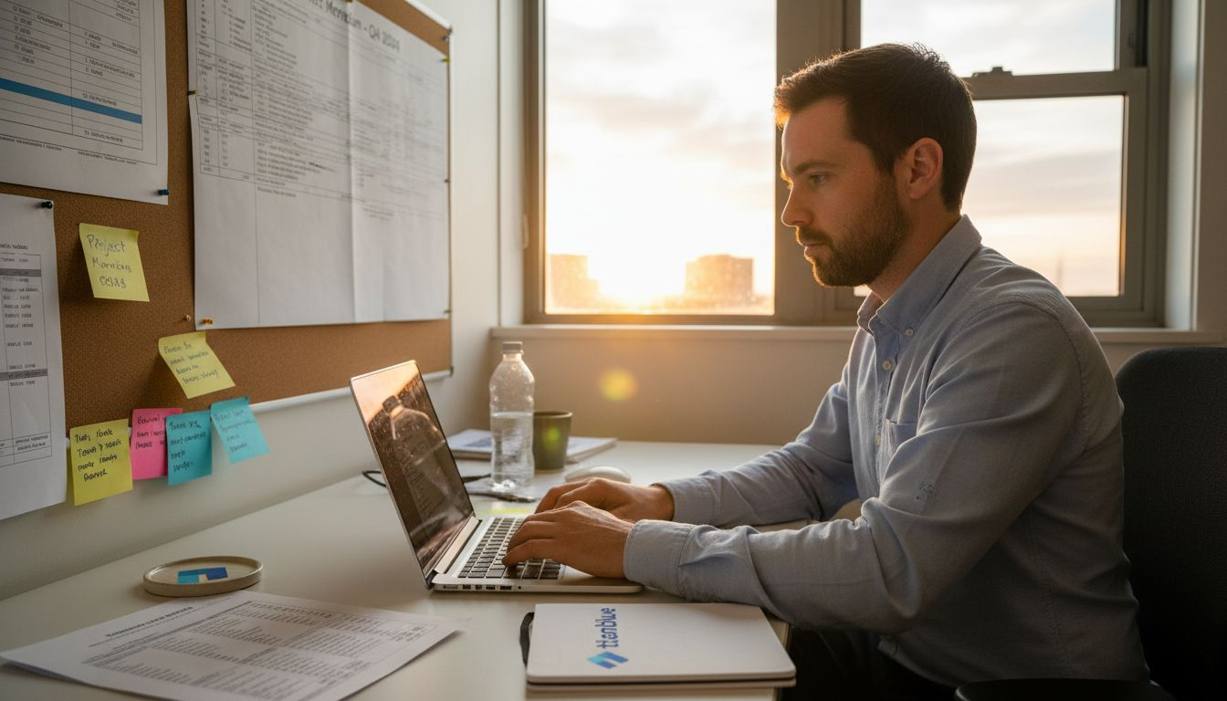 Business owner planning website in office