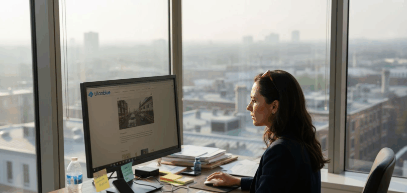 Branding consultant reviewing website in office