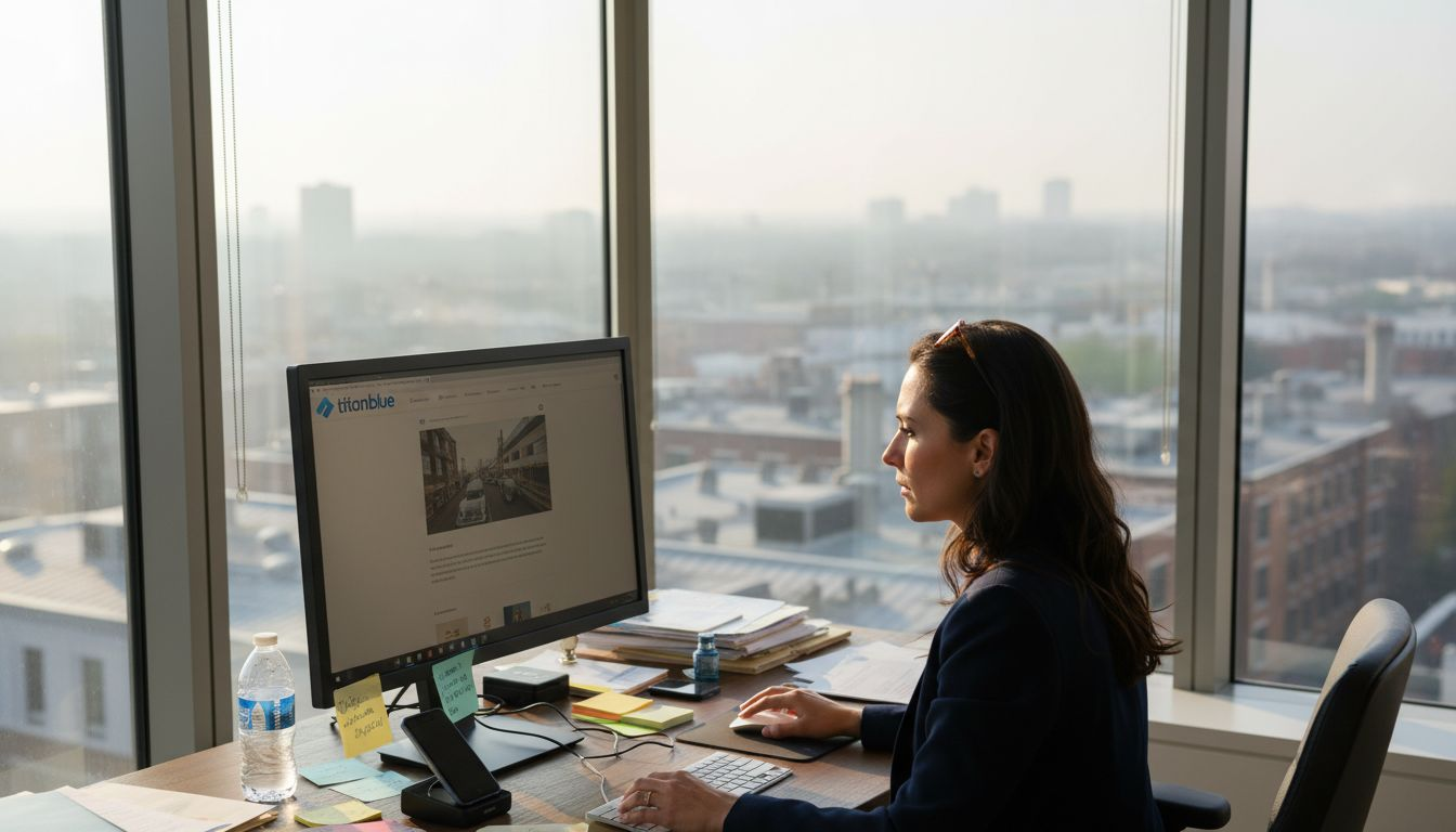 Branding consultant reviewing website in office
