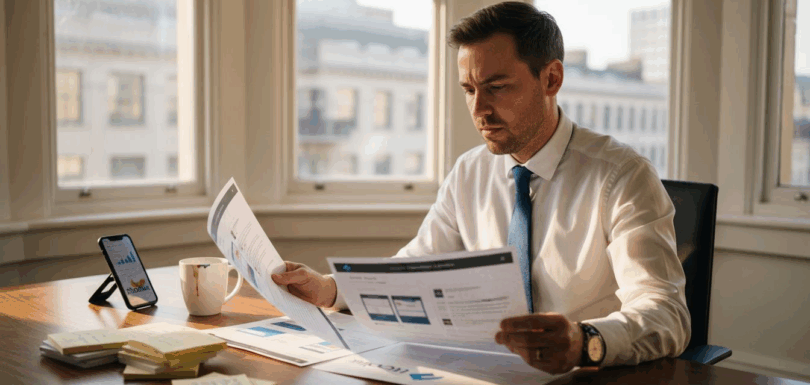 Manager reviewing website redesign printouts