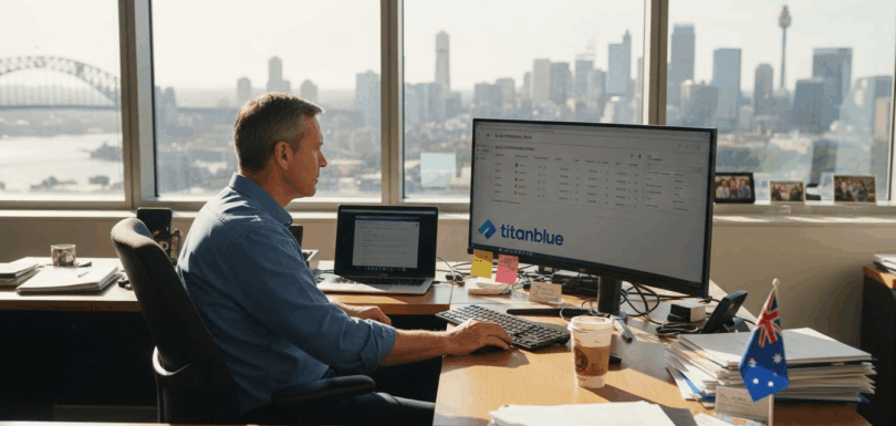 Australian business owner at desk with city view