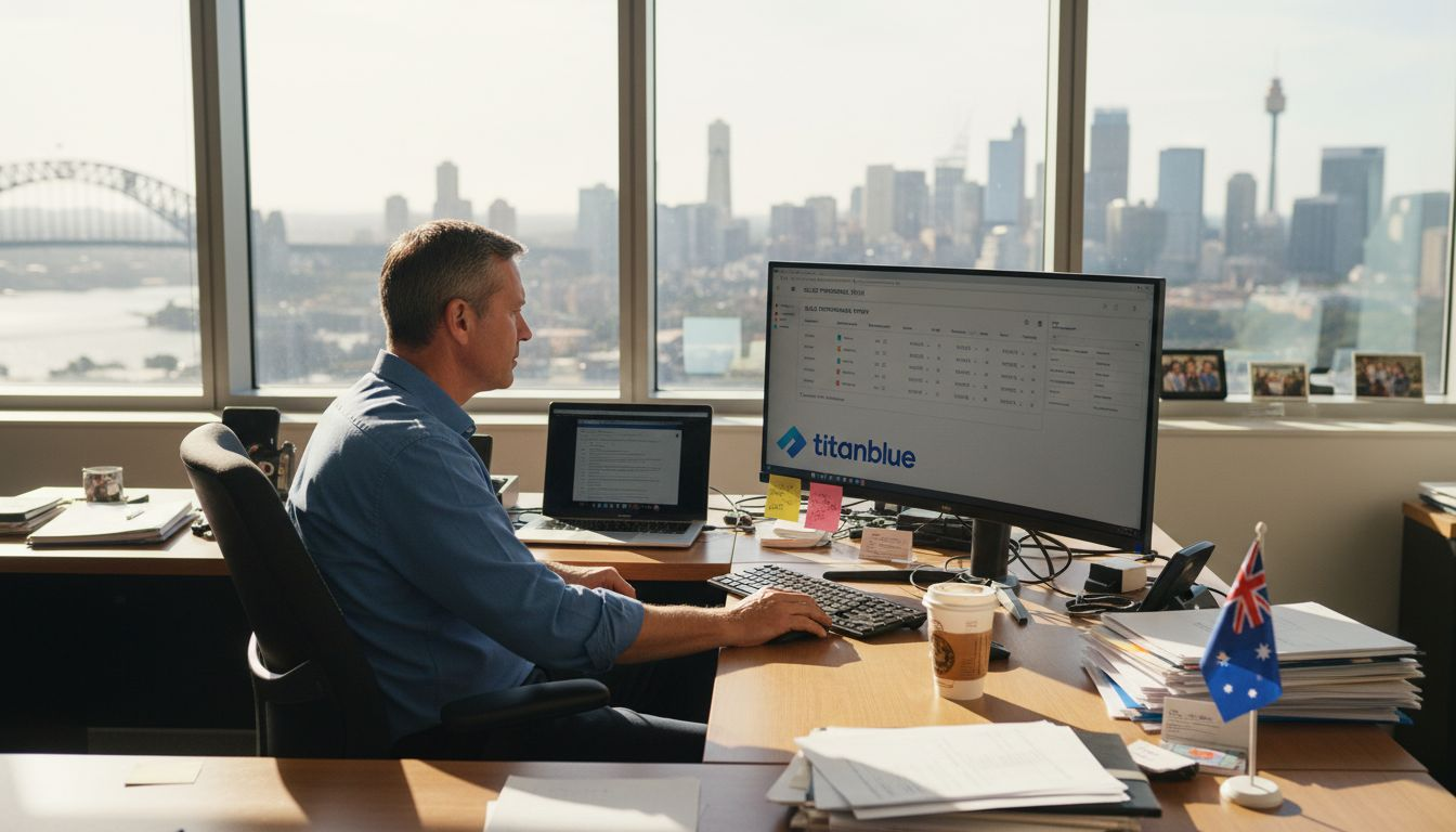 Australian business owner at desk with city view