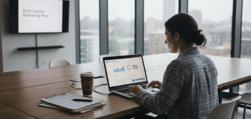 Business owner reviewing digital marketing checklist