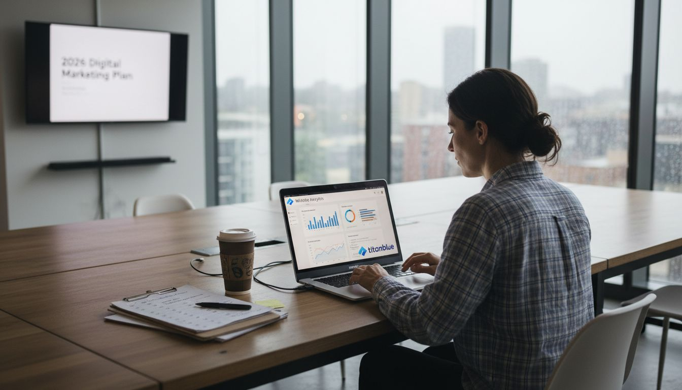 Business owner reviewing digital marketing checklist