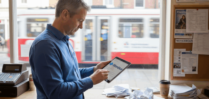 Shopfront office owner checking marketing updates