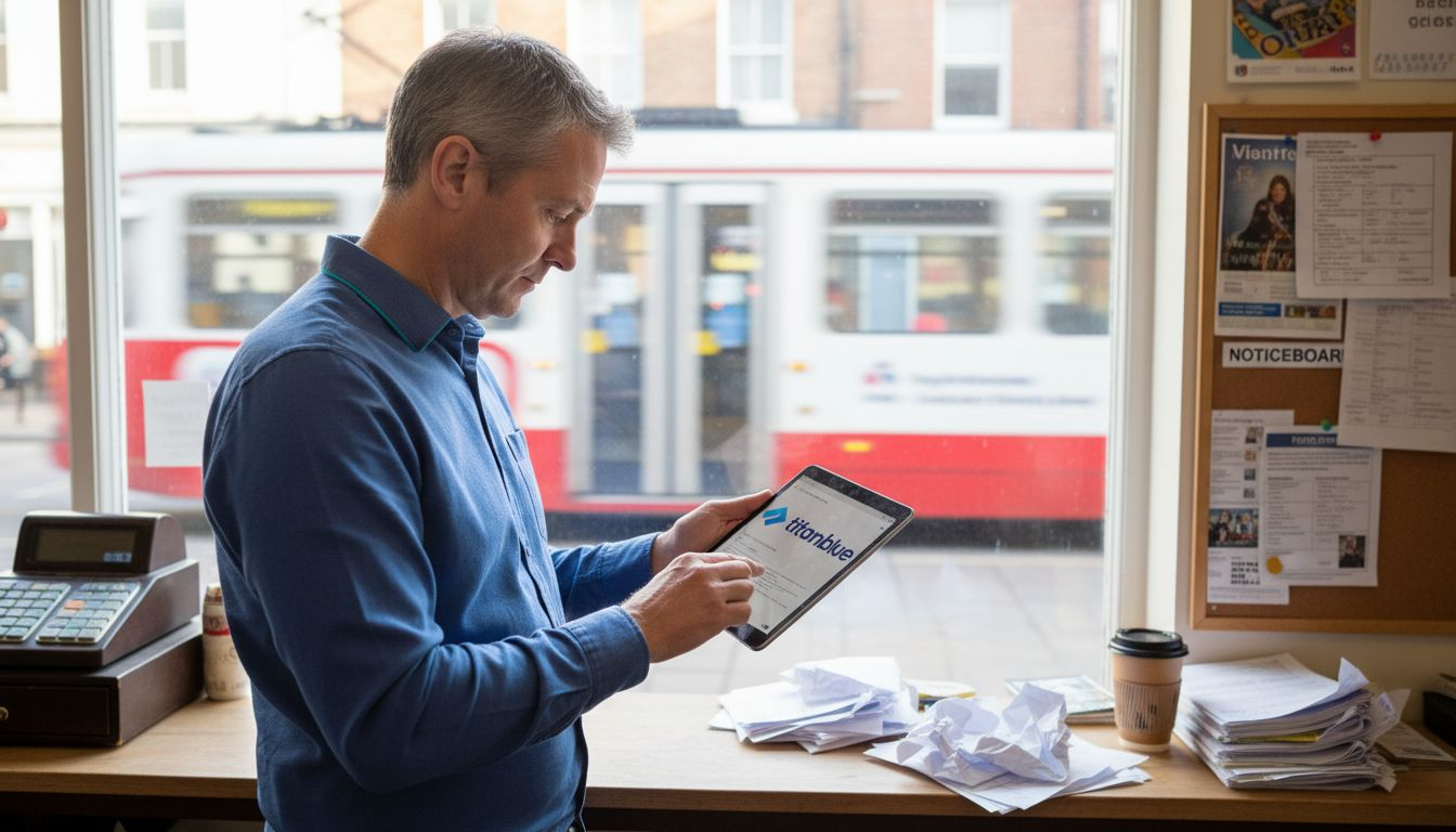 Shopfront office owner checking marketing updates