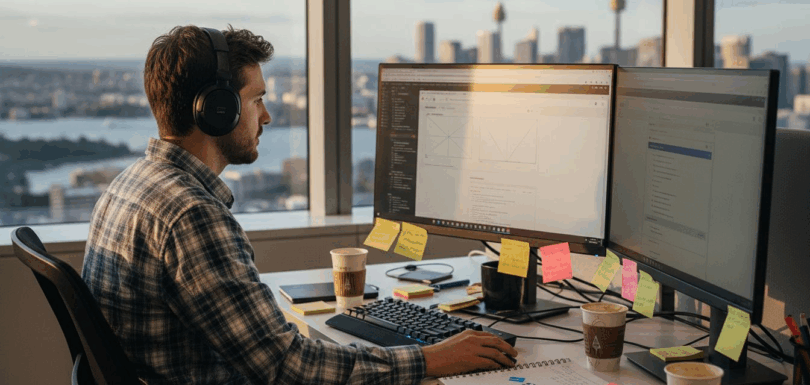 Web designer working in Sydney office workspace