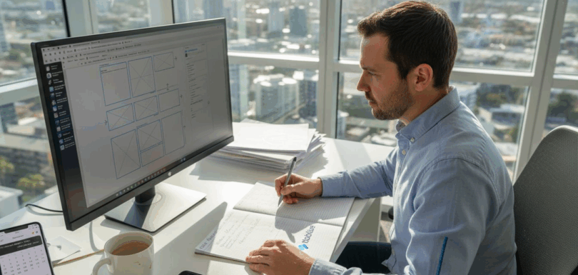 Gold Coast web designer working in office