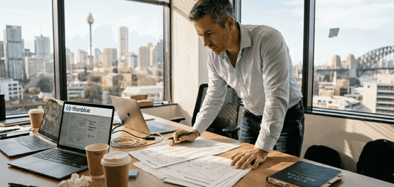 Business owner planning website with sketches