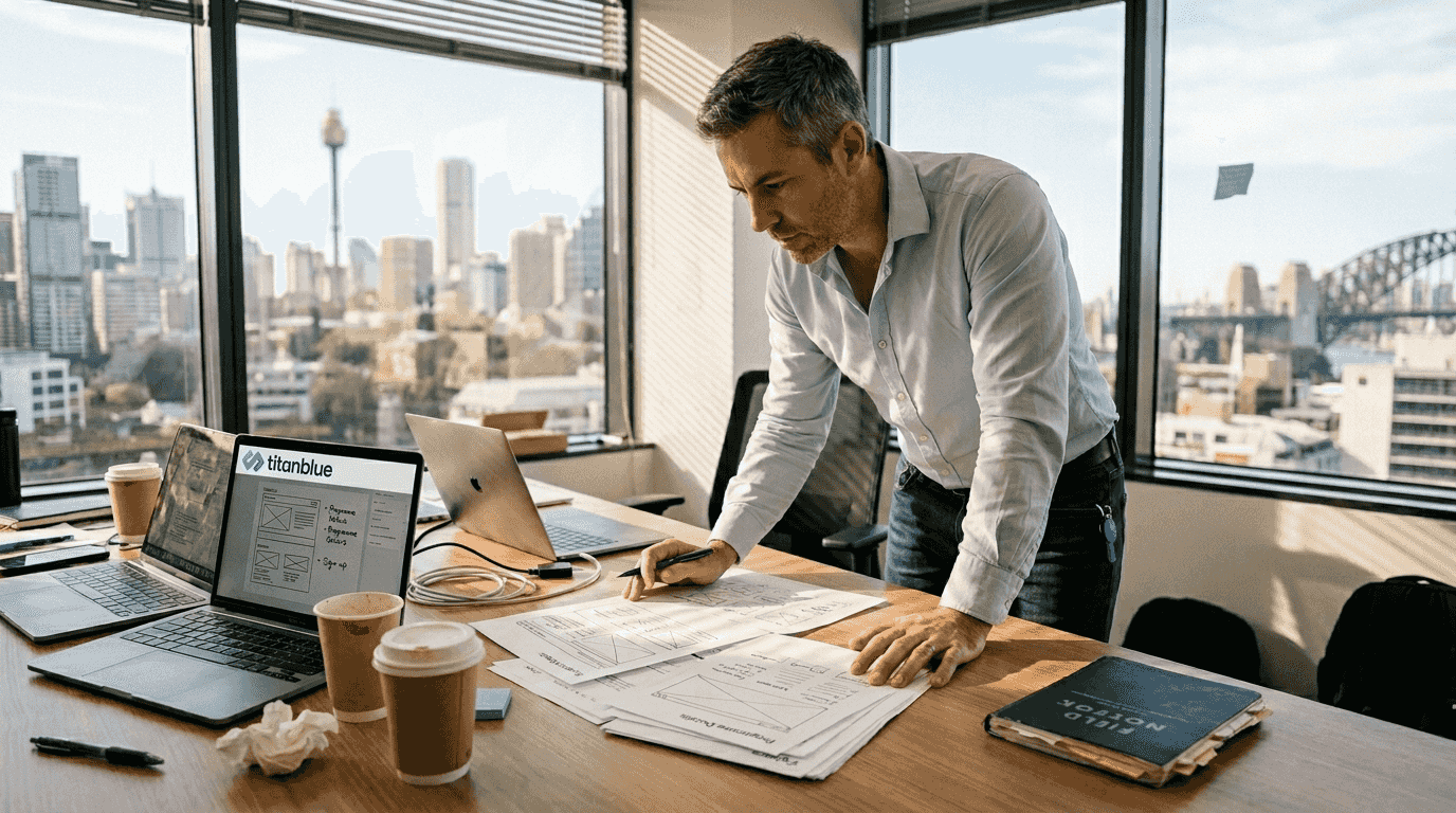 Business owner planning website with sketches