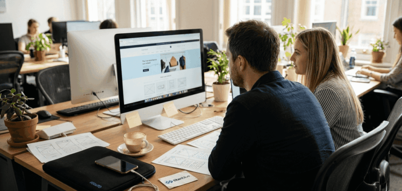 Team reviews ecommerce website design together
