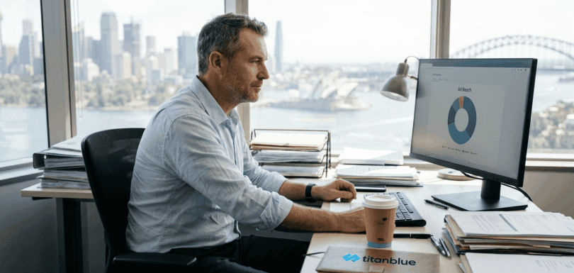Business owner monitors digital ad analytics