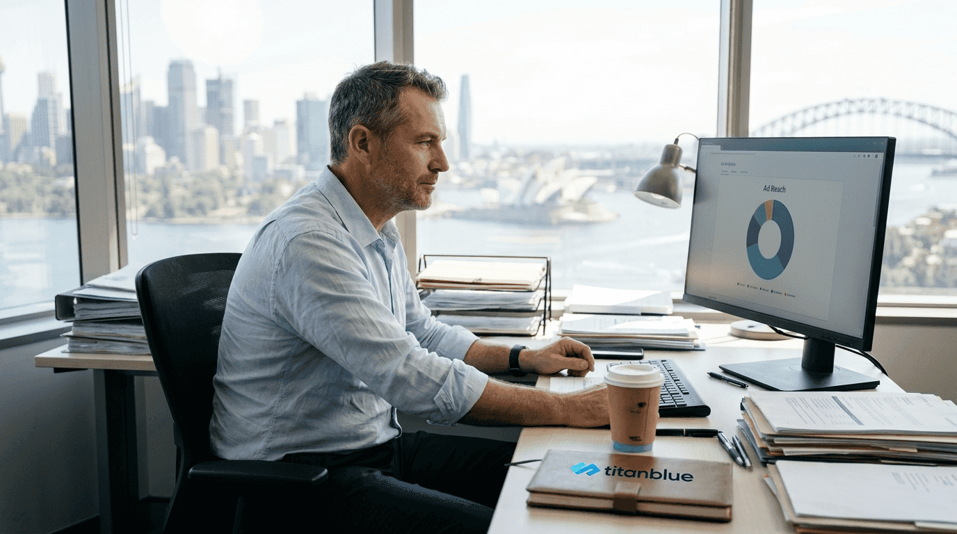 Business owner monitors digital ad analytics