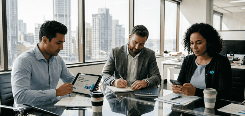Australian office team discussing digital marketing