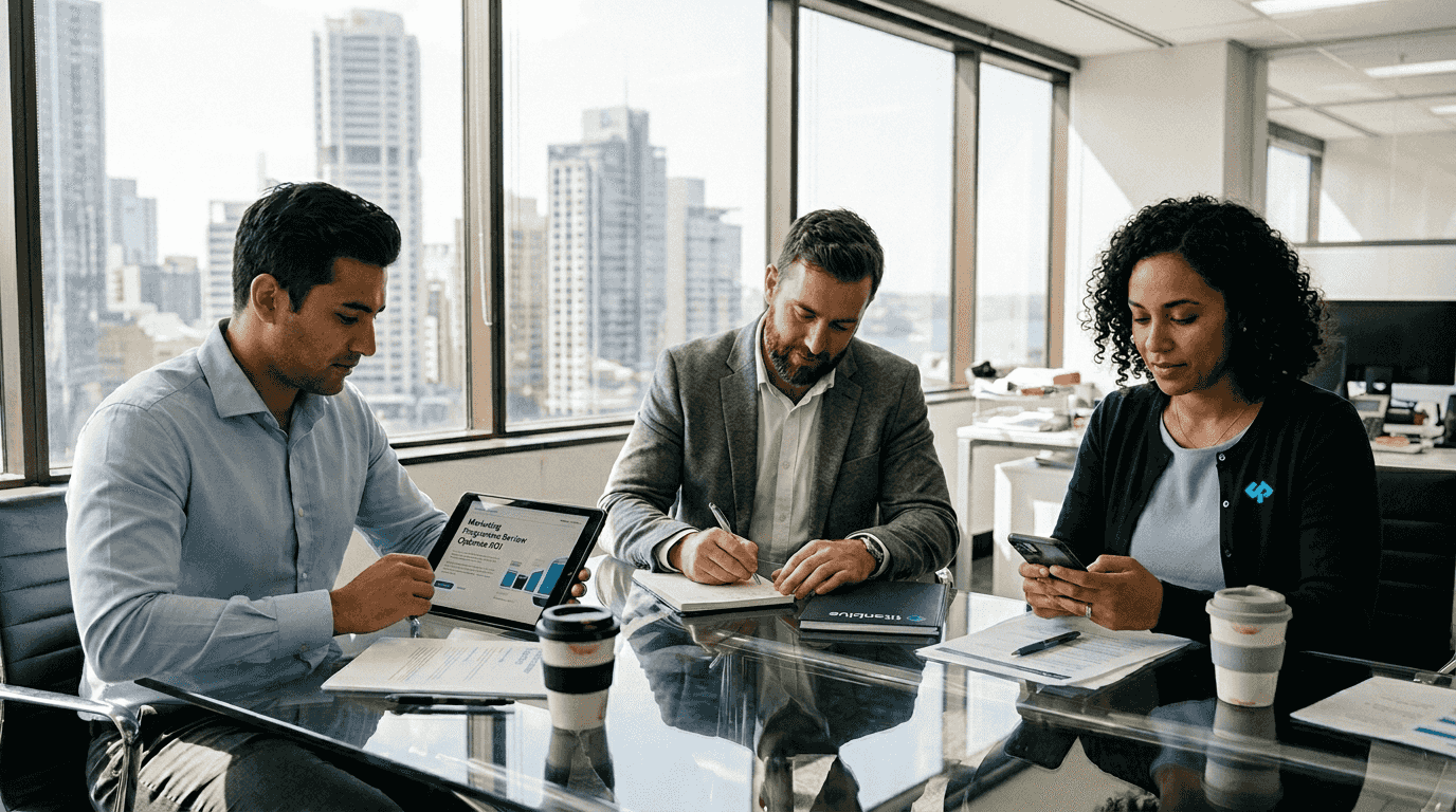 Australian office team discussing digital marketing