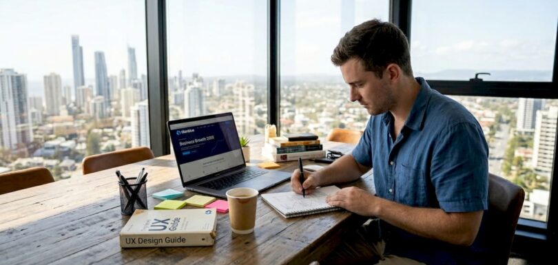 Web designer working in Gold Coast skyline office