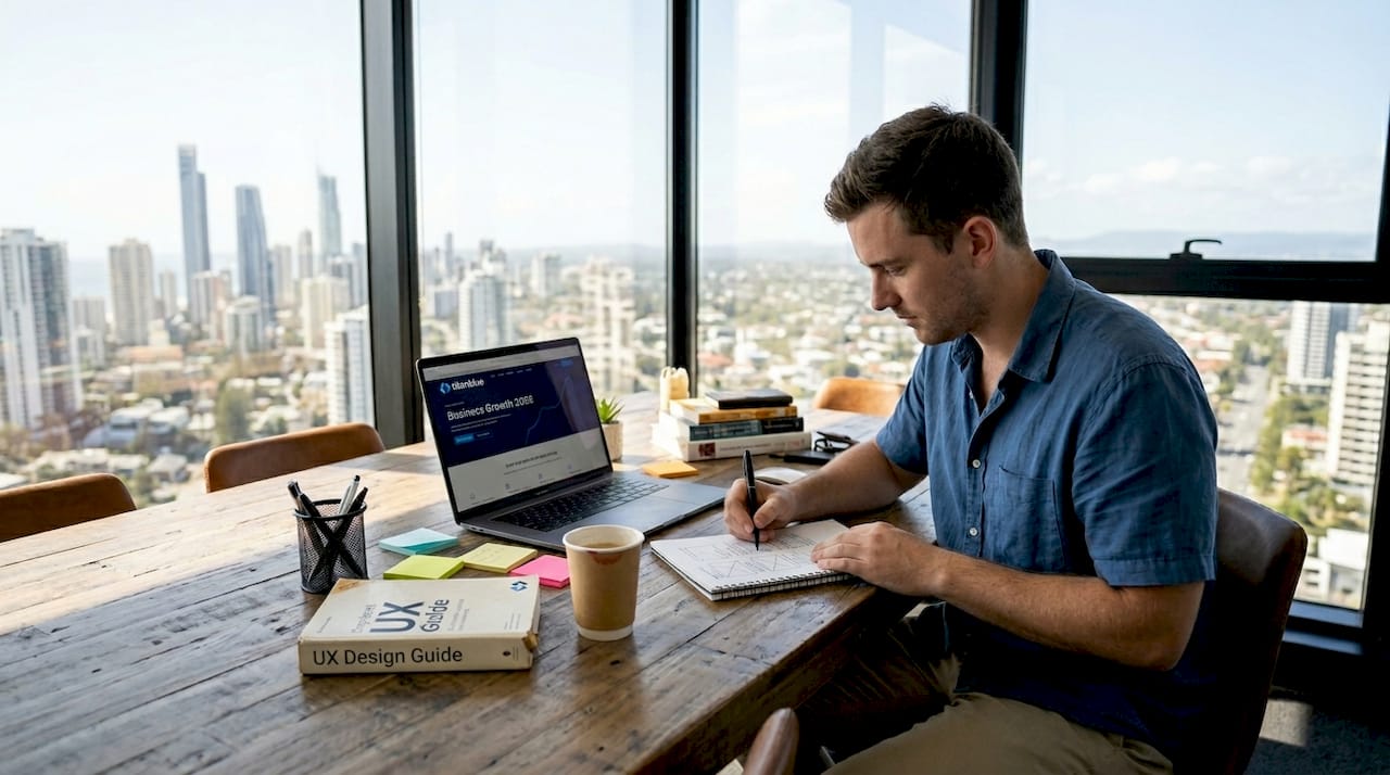 Web designer working in Gold Coast skyline office