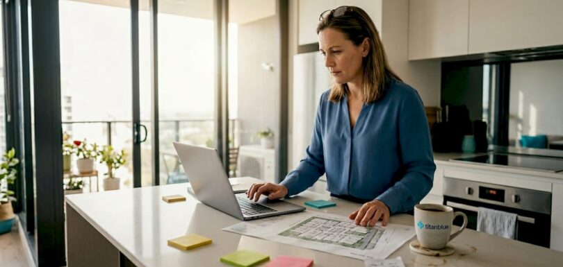 Business owner planning website at kitchen island