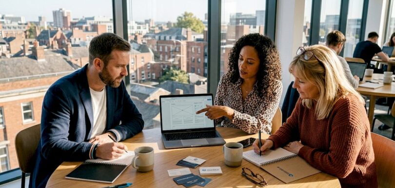 Business team reviews website plans in meeting