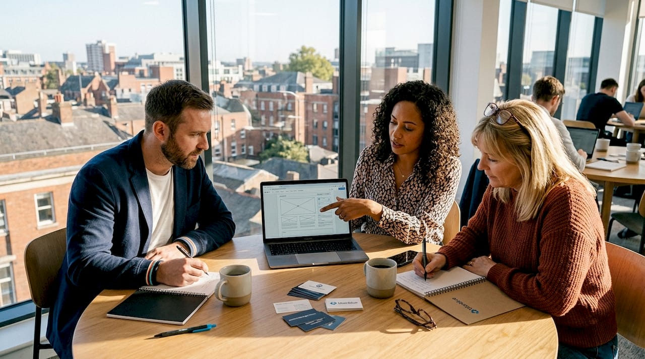 Business team reviews website plans in meeting