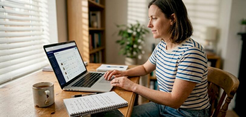 Woman working on laptop in home office