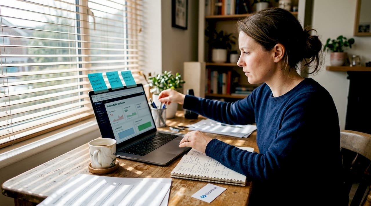 Small business owner reviewing SEO on laptop
