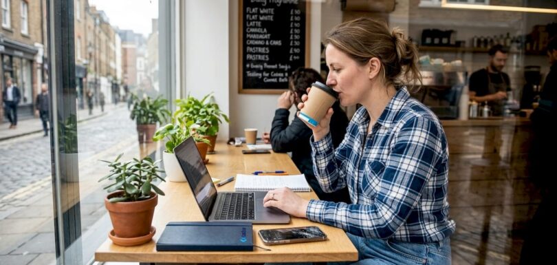 Small business owner working in casual café workspace