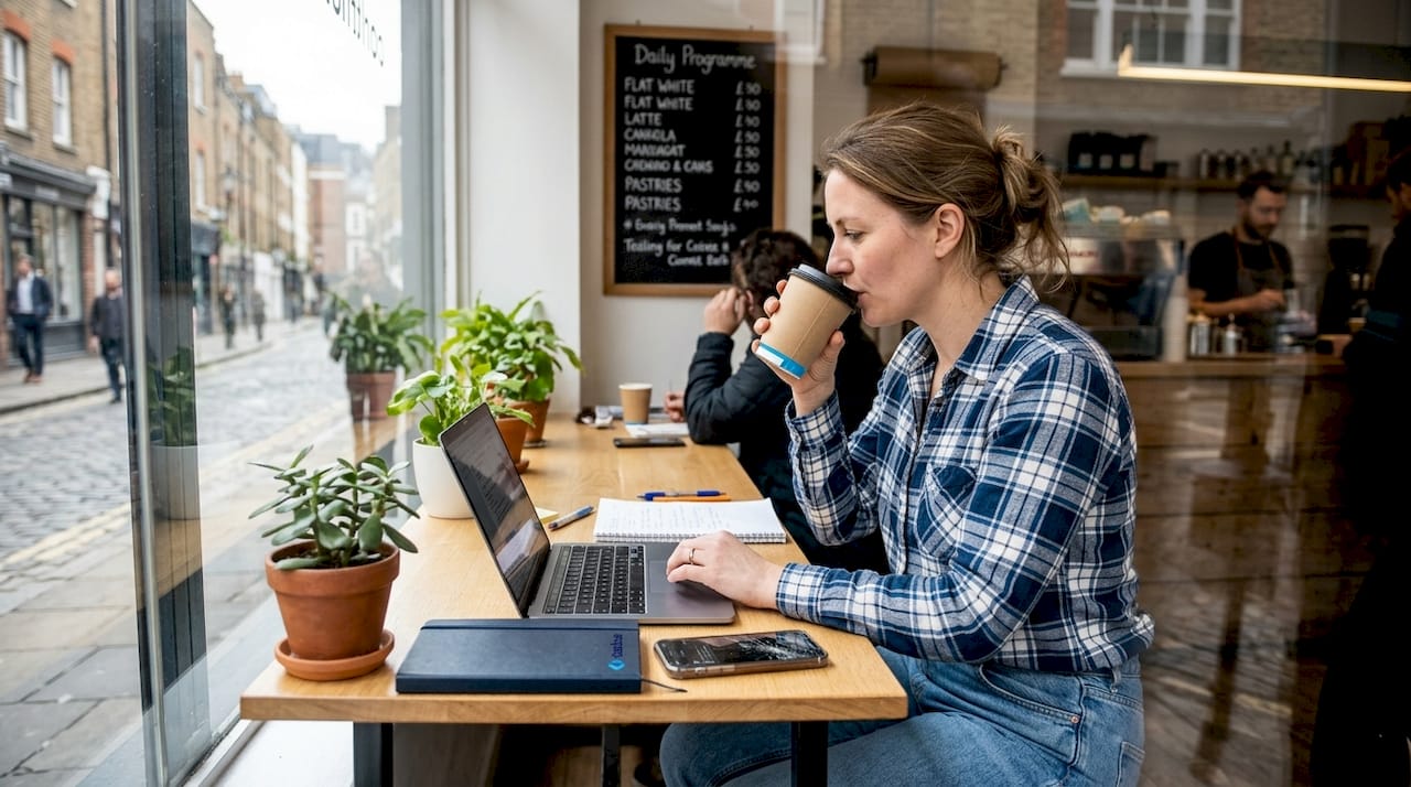 Small business owner working in casual café workspace
