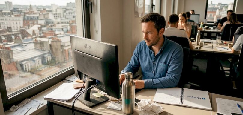 Small business owner managing digital ads workspace