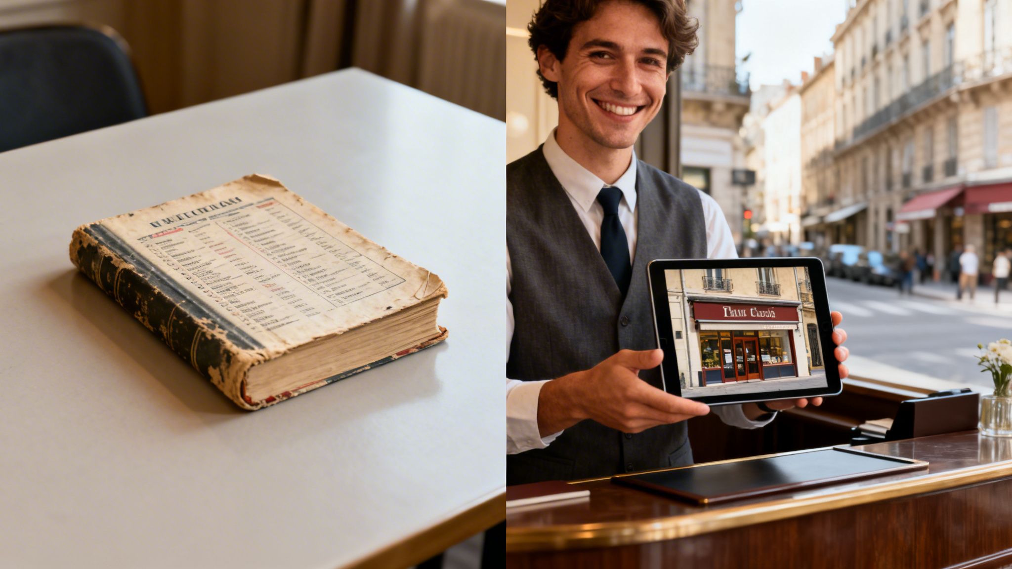 A split image showing an antique book on a table and a man displaying a digital storefront on a tablet.