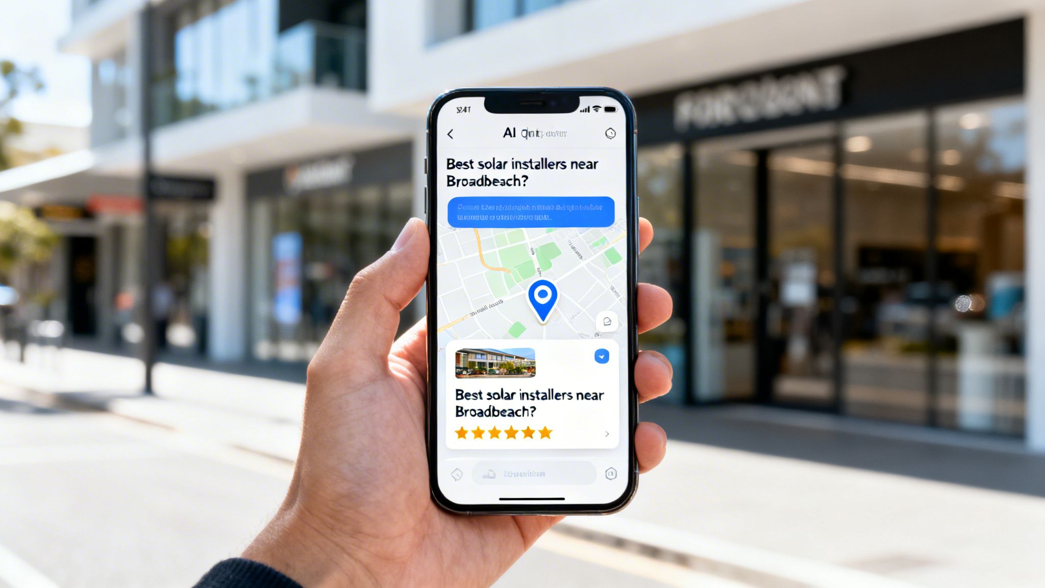 Hand holding a smartphone displaying an AI search engine showing solar installer results and a map.