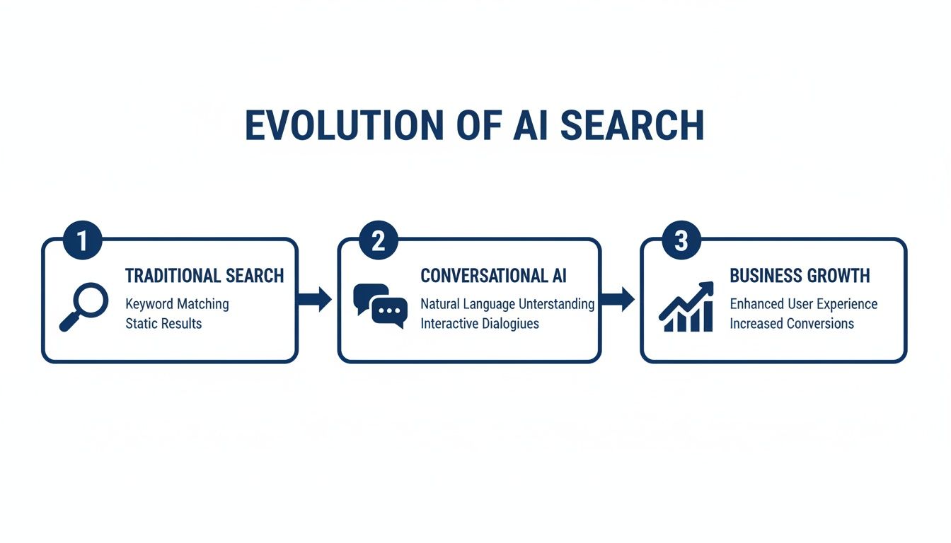Infographic showing the evolution of AI search through traditional keyword matching, conversational AI, and leading to business growth.