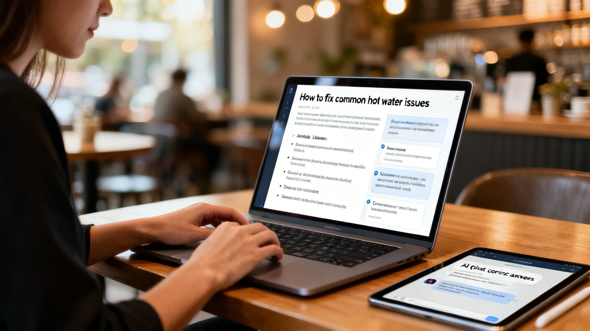 A person researching hot water issues on a laptop, with an AI chat app on a tablet in a cafe.