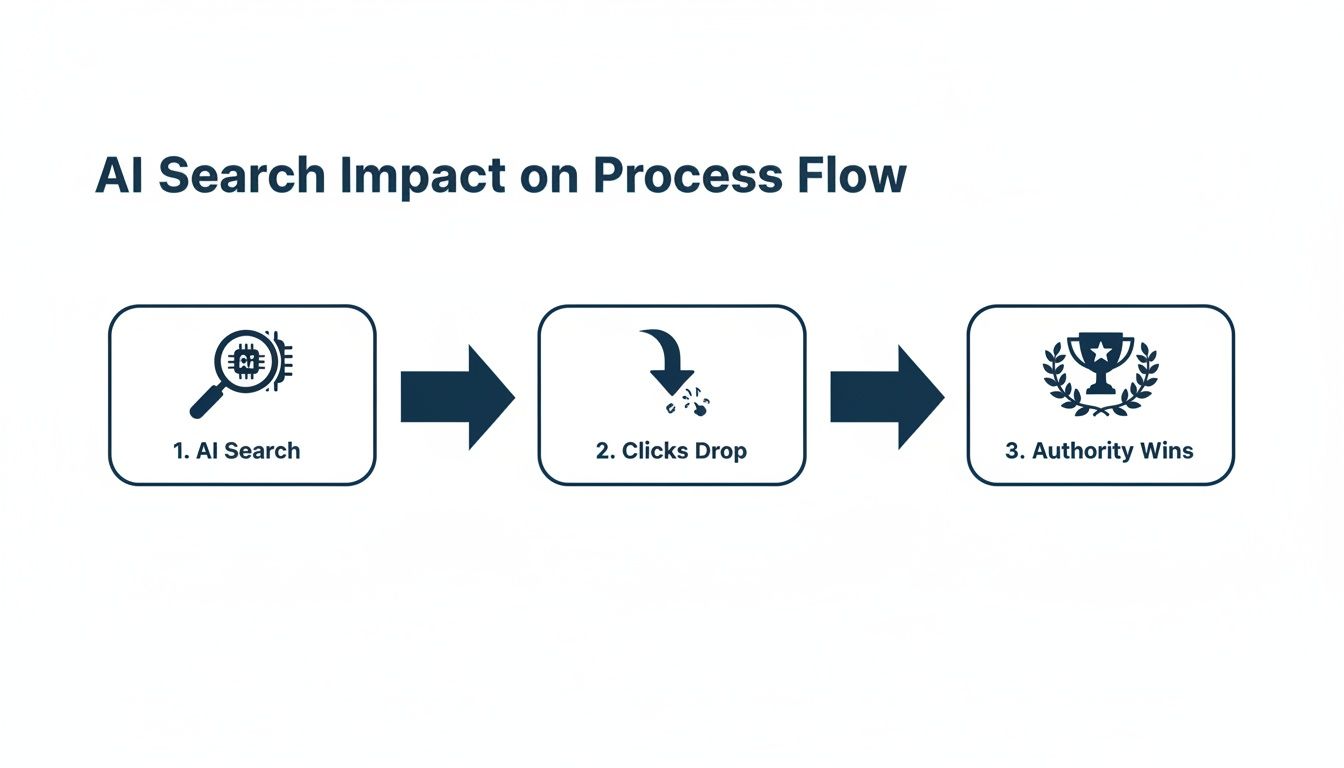 A three-step process flow illustrating AI search impact: clicks drop, then authority wins.