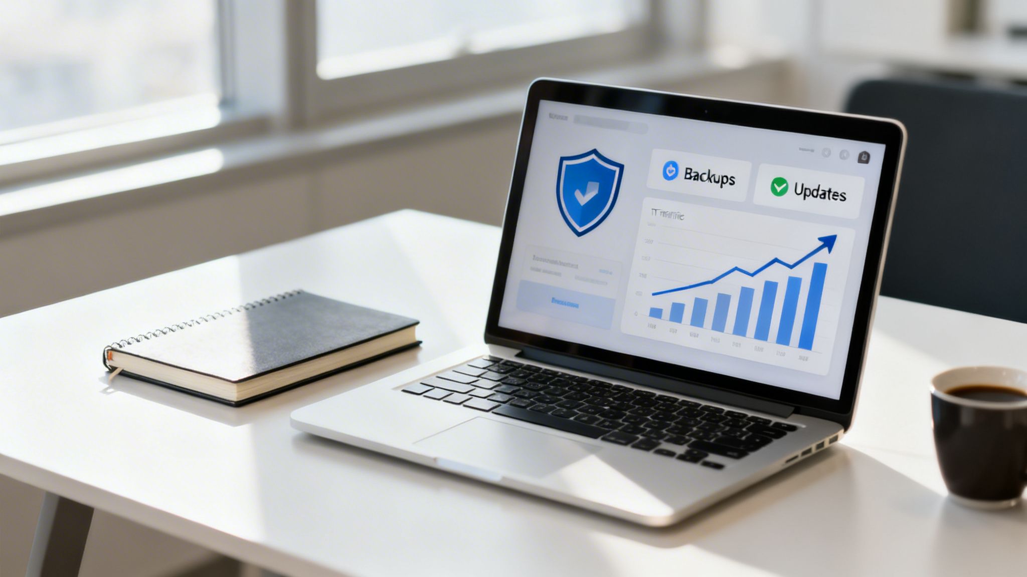 Laptop on a white desk displaying a cybersecurity dashboard with charts, a notebook, and coffee.