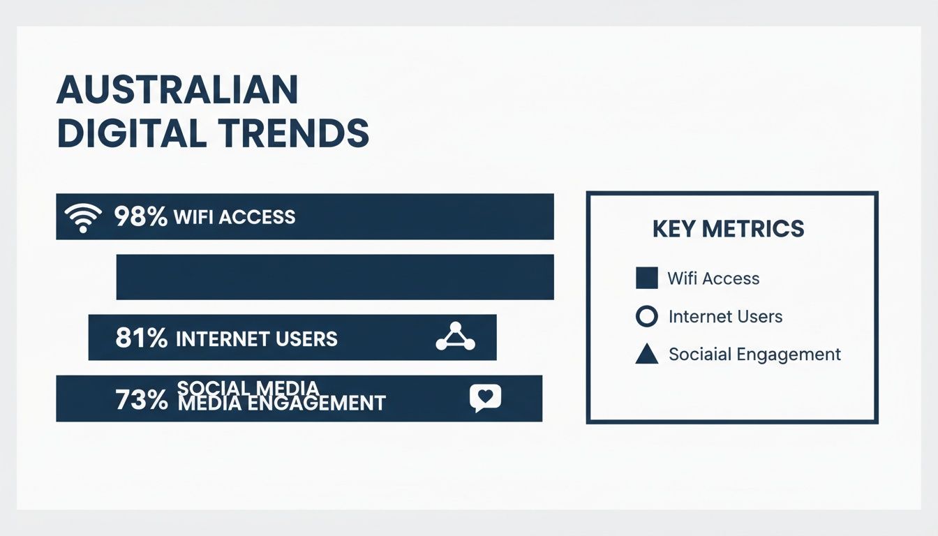 Infographic showing Australian digital trends: 98% WiFi access, 81% internet users, and 73% social media engagement.