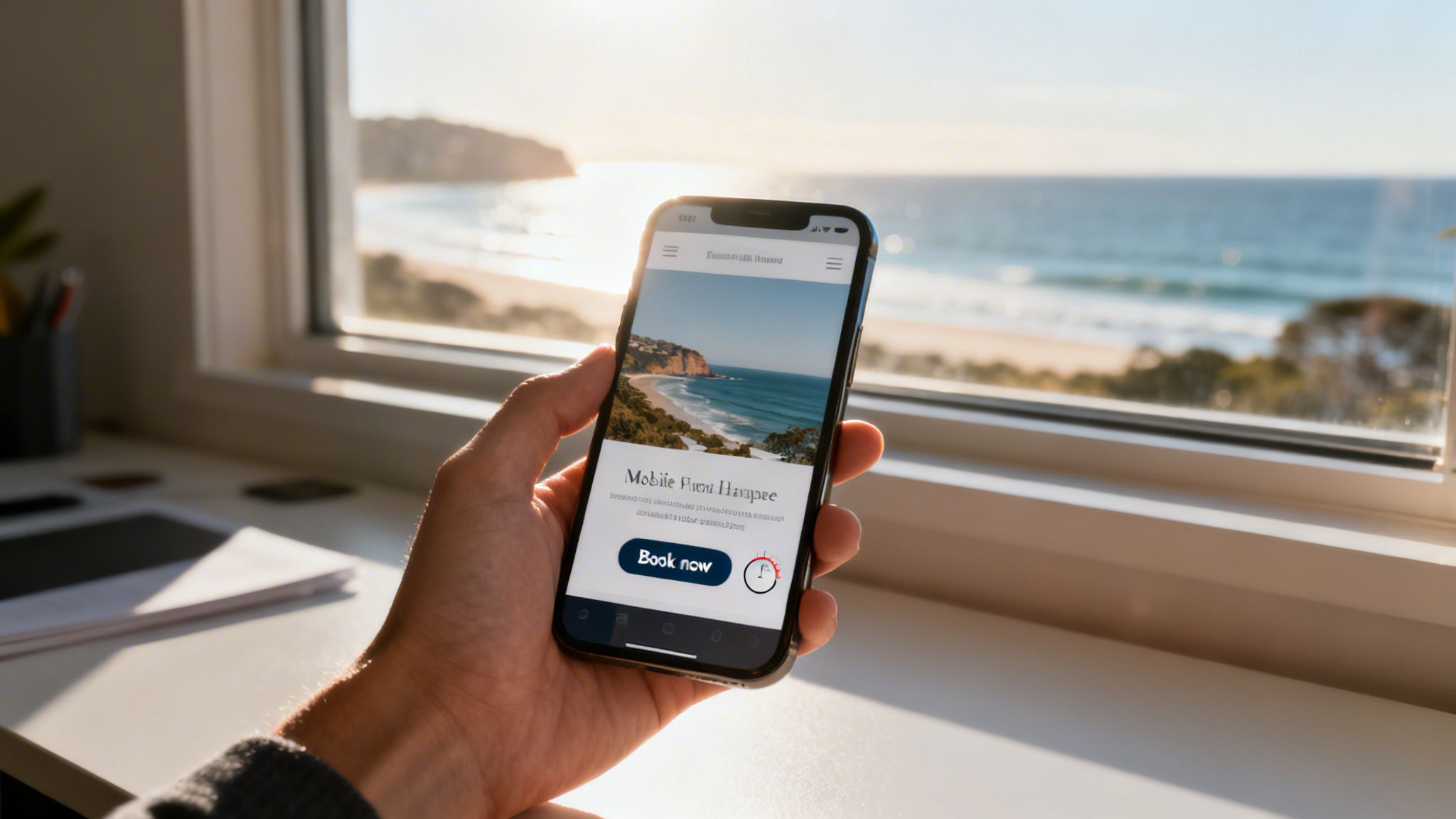 A hand holds a smartphone displaying a mobile website with a beach scene, overlooking a real beach.