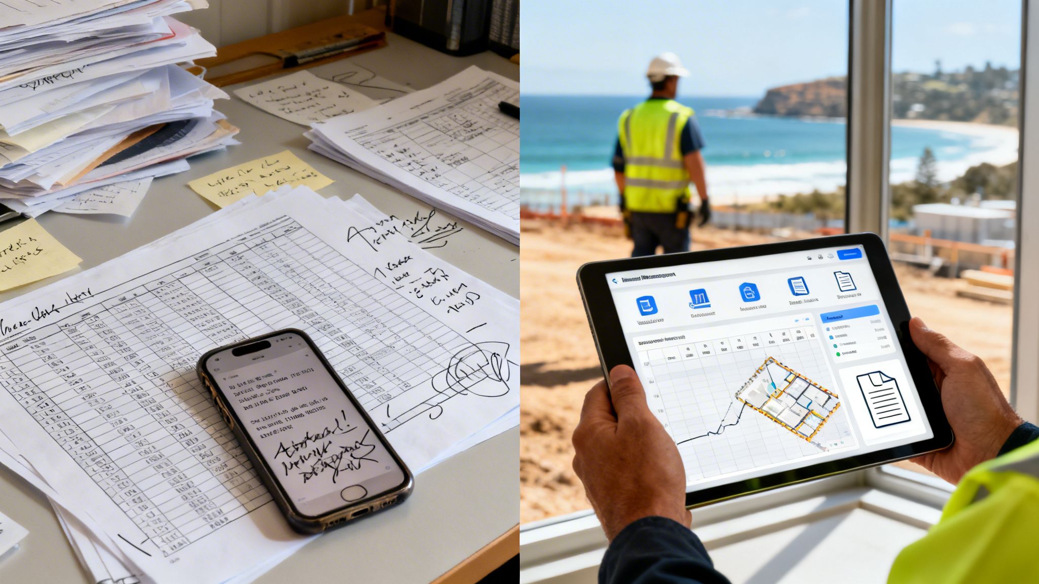 A construction manager using digital project management software on a tablet, contrasting with messy paper documents.