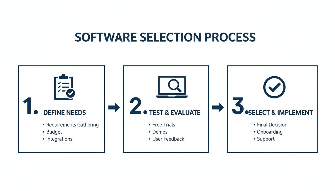 A visual guide illustrating a three-step software selection process with icons and key considerations for each stage.