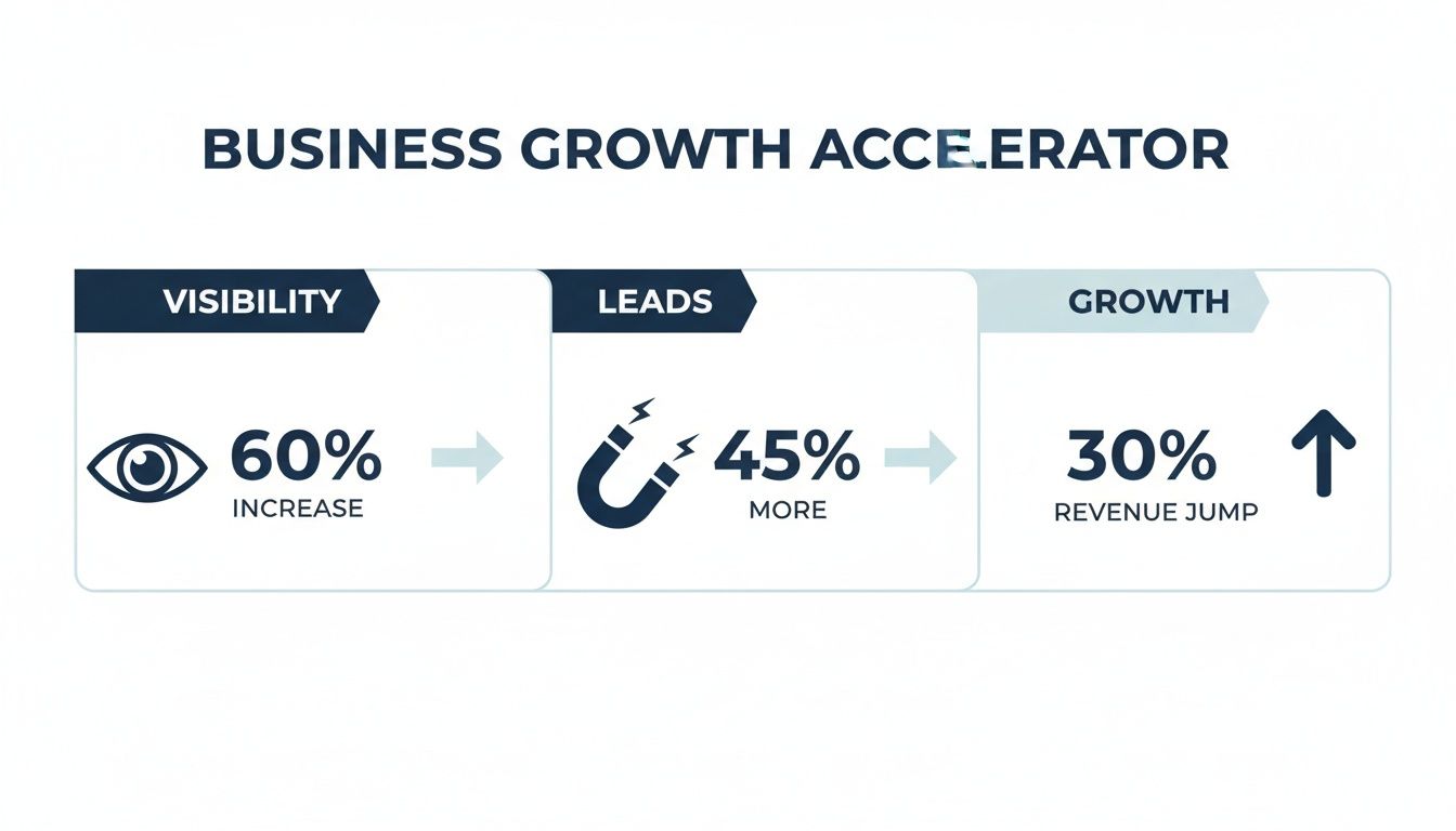 Infographic showing a business growth accelerator model with a 60% visibility increase, 45% more leads, and 30% revenue jump.